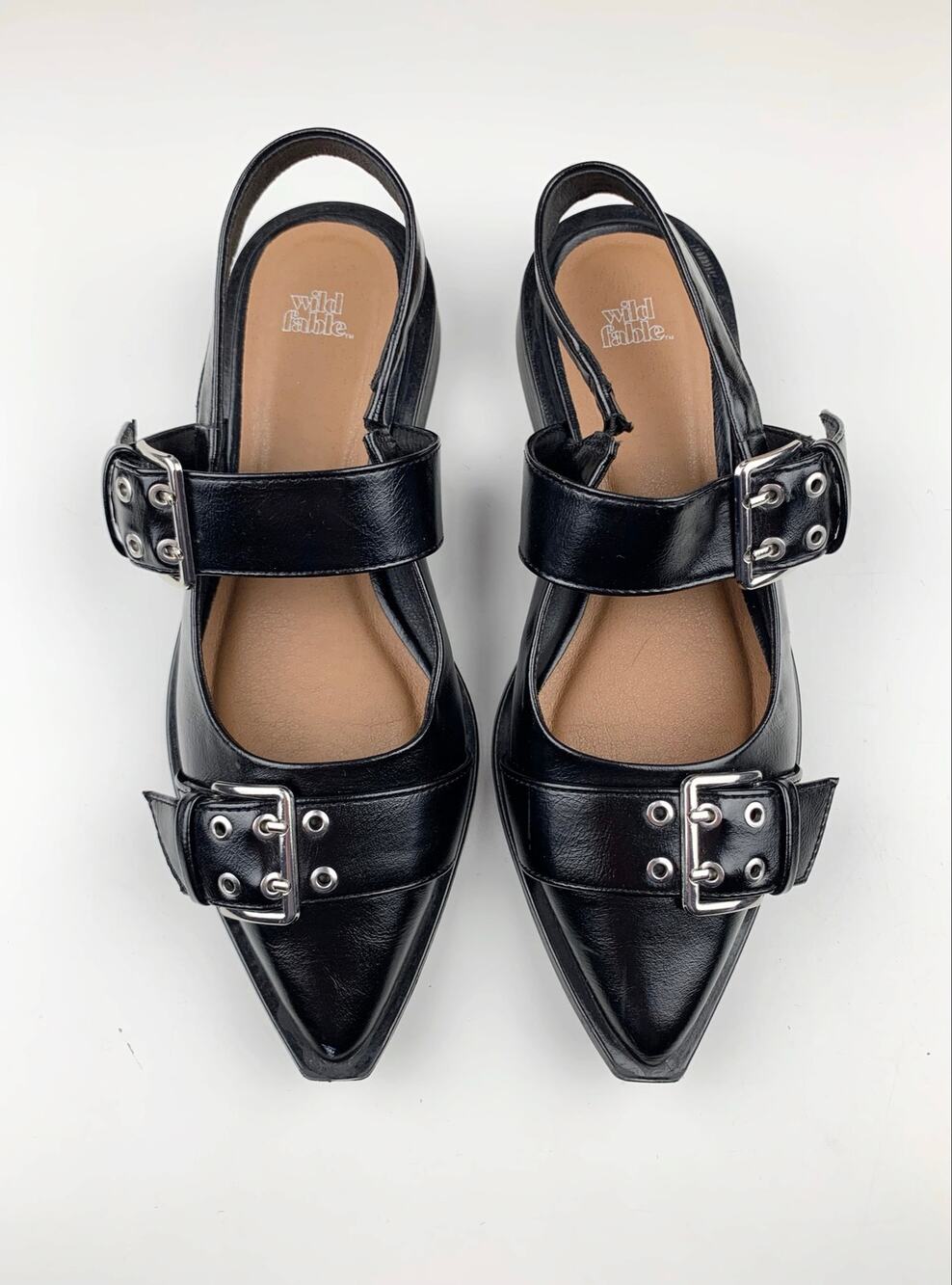 Wild Fable Peyton Double Buckle Slingback Flats Black Pointed Toe Shoes Womens 7